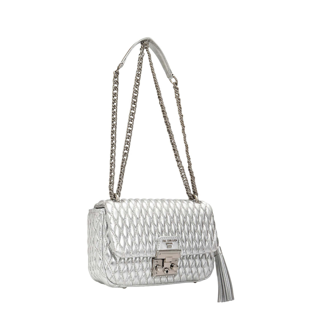 Small Quilting Plain Leather Shoulder Bag - Silver