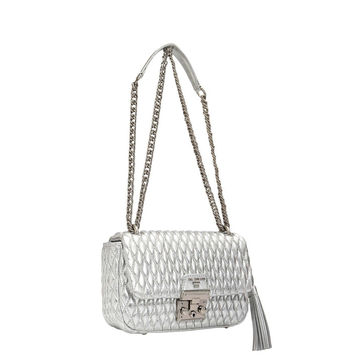 Small Quilting Plain Leather Shoulder Bag - Silver