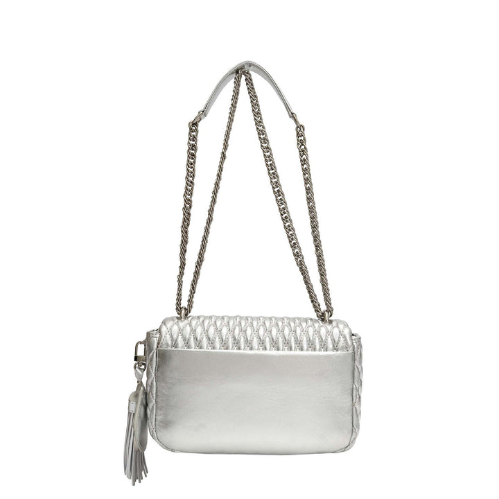 Small Quilting Plain Leather Shoulder Bag - Silver