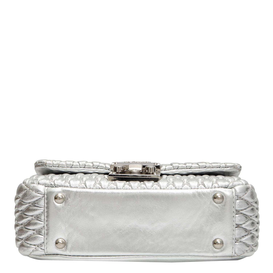 Small Quilting Plain Leather Shoulder Bag - Silver