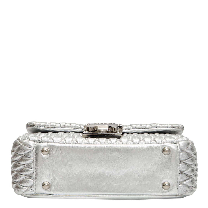 Small Quilting Plain Leather Shoulder Bag - Silver