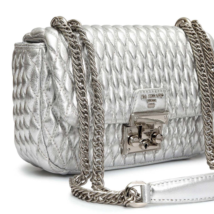 Small Quilting Plain Leather Shoulder Bag - Silver