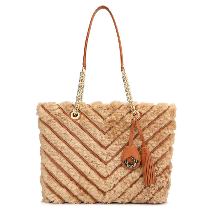 Medium Fur Plain Leather Tote - Beige & Cognac