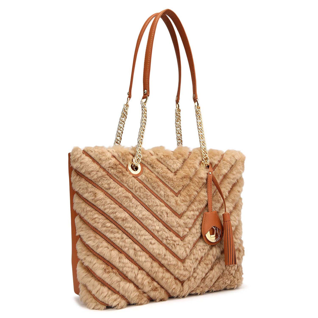 Medium Fur Plain Leather Tote - Beige & Cognac