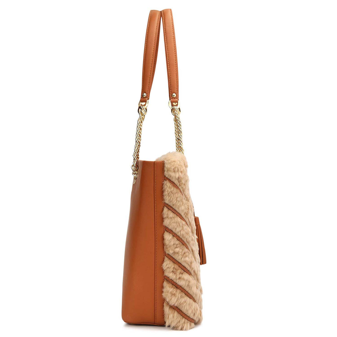 Medium Fur Plain Leather Tote - Beige & Cognac