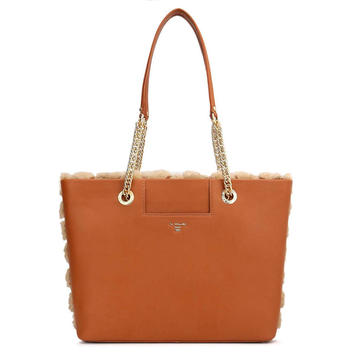 Medium Fur Plain Leather Tote - Beige & Cognac