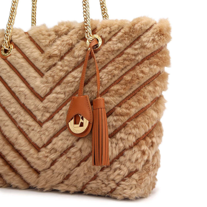 Medium Fur Plain Leather Tote - Beige & Cognac