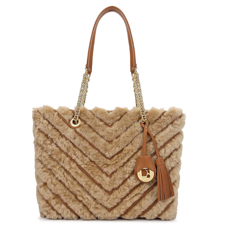 Fur Shopper Bag - Beige & Cognac
