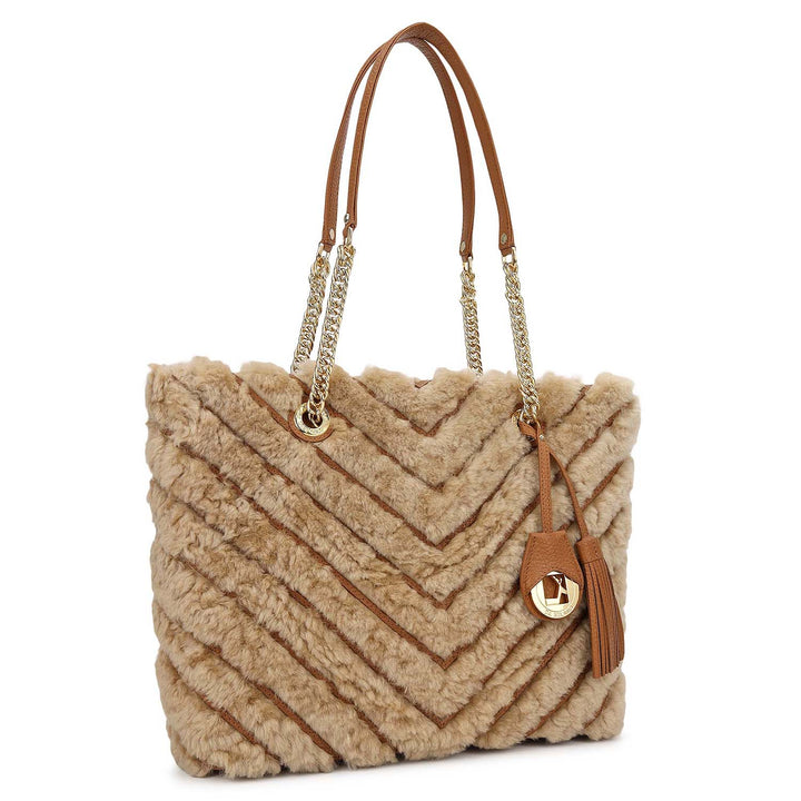 Fur Shopper Bag - Beige & Cognac