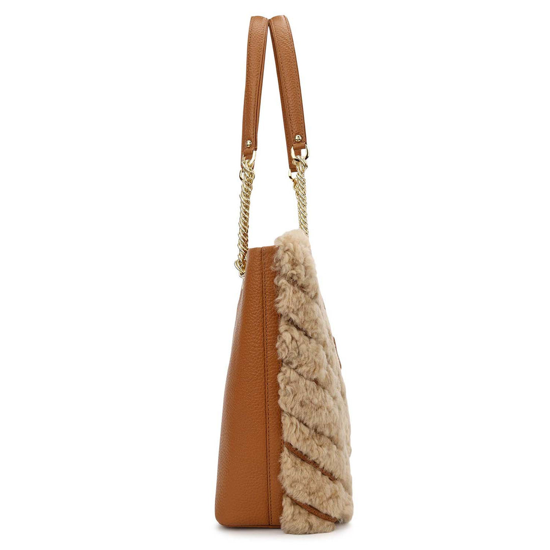 Fur Shopper Bag - Beige & Cognac