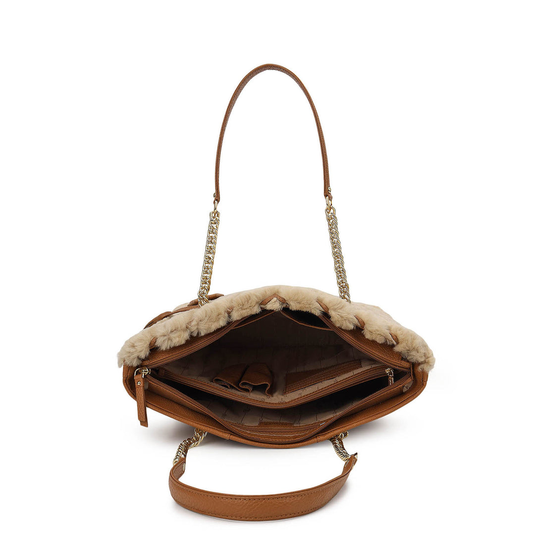 Fur Shopper Bag - Beige & Cognac