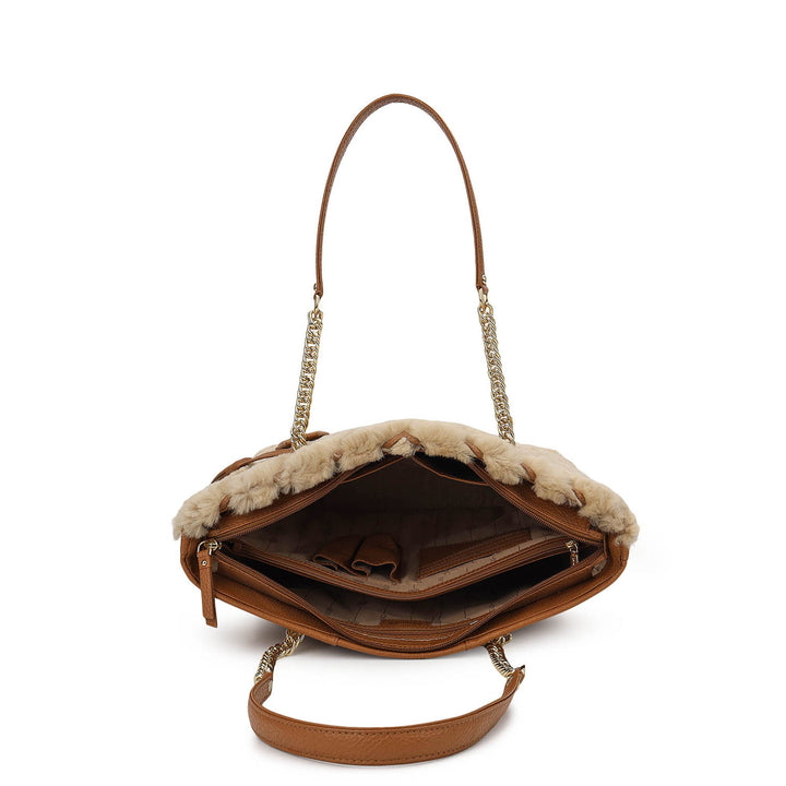 Fur Shopper Bag - Beige & Cognac