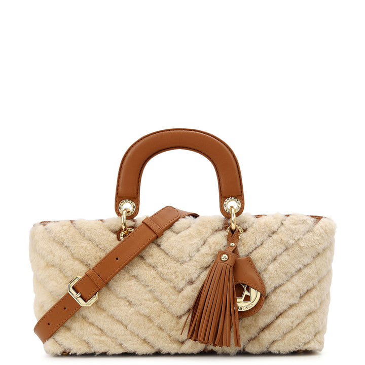 Fur Top Handle Bag - Beige & Cognac