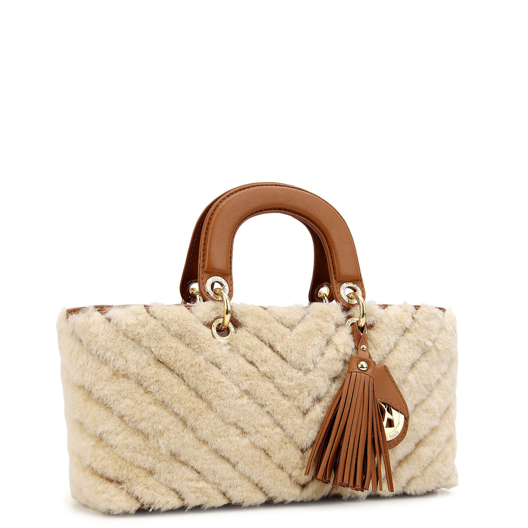 Fur Top Handle Bag - Beige & Cognac