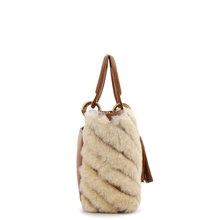 Fur Top Handle Bag - Beige & Cognac