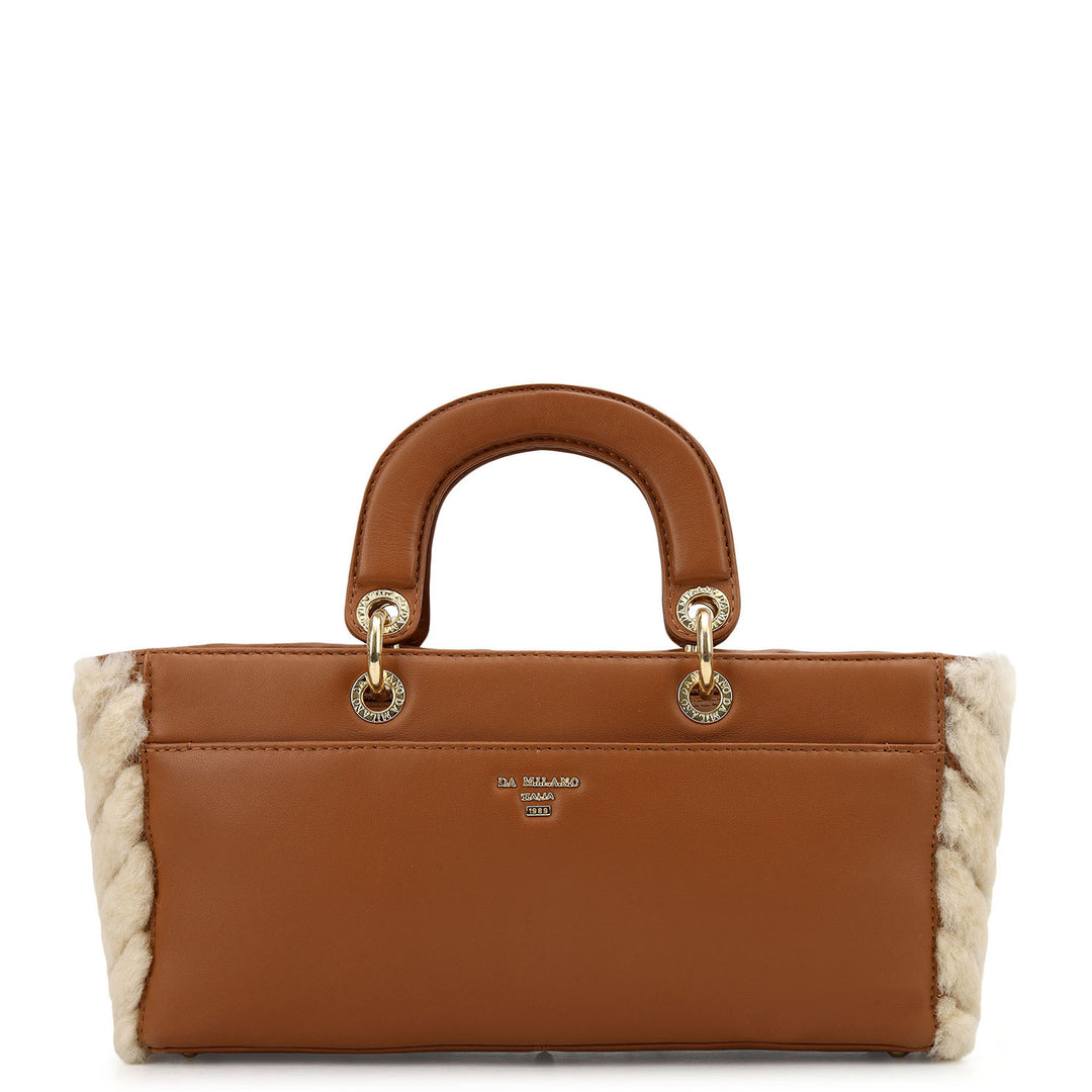 Fur Top Handle Bag - Beige & Cognac