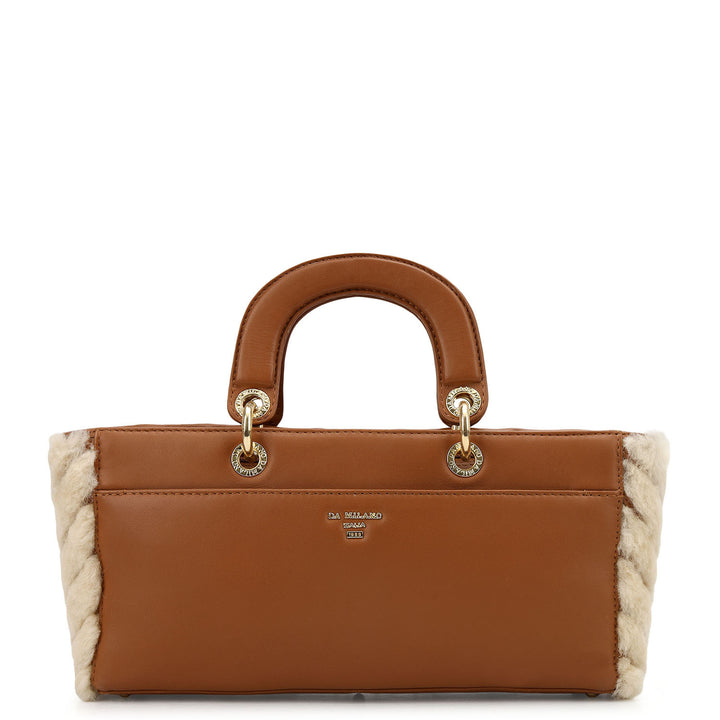 Fur Top Handle Bag - Beige & Cognac