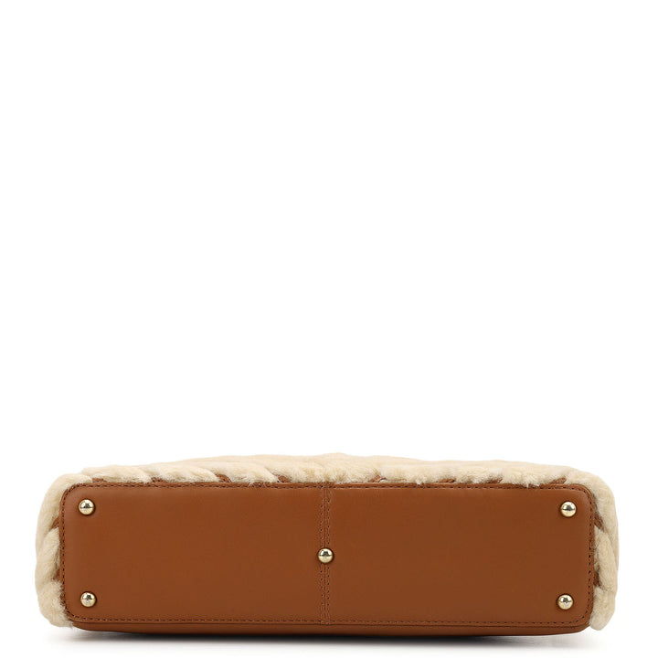 Fur Top Handle Bag - Beige & Cognac