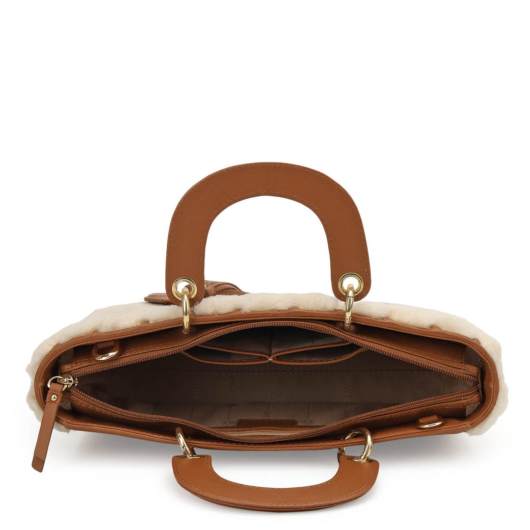 Fur Top Handle Bag - Beige & Cognac