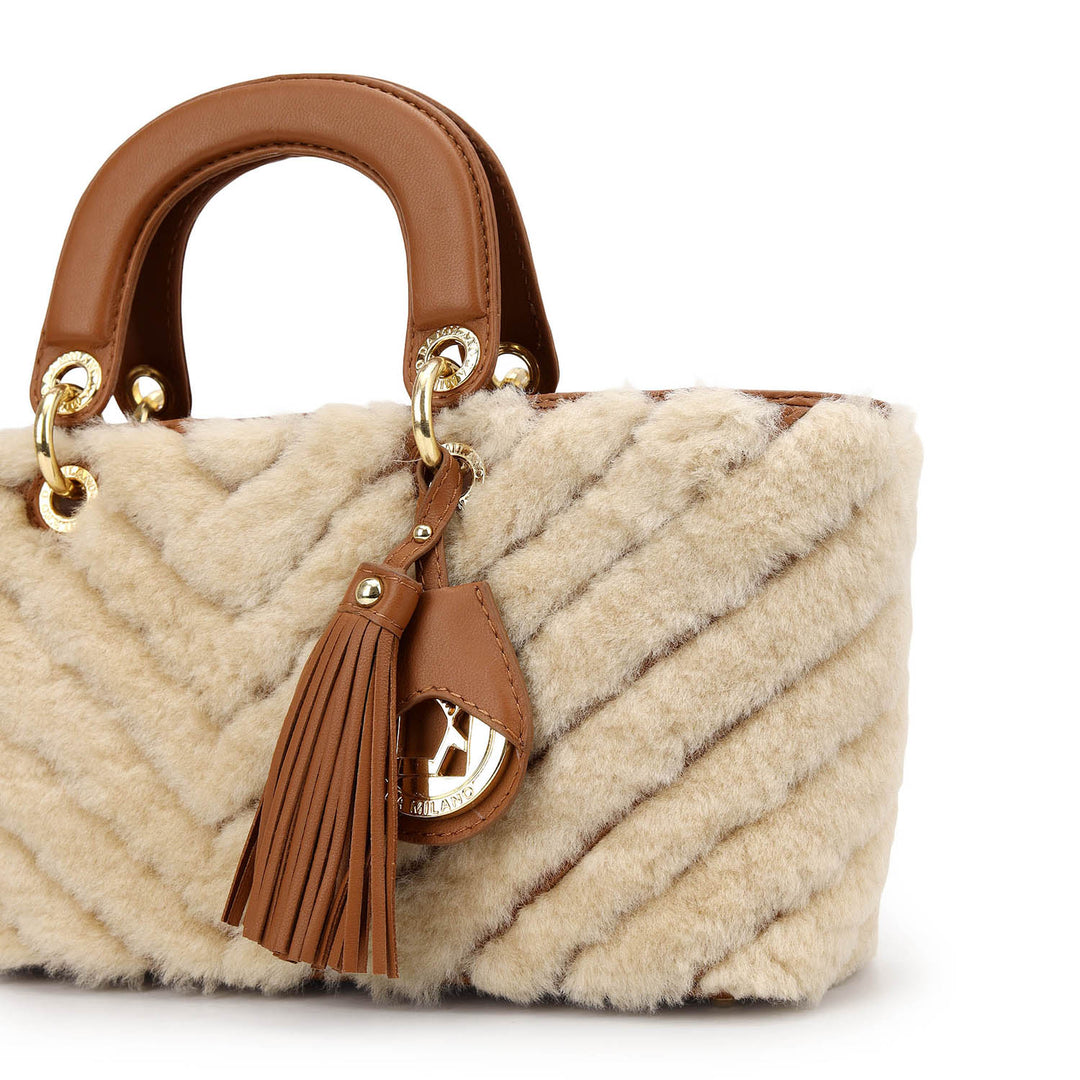 Fur Top Handle Bag - Beige & Cognac