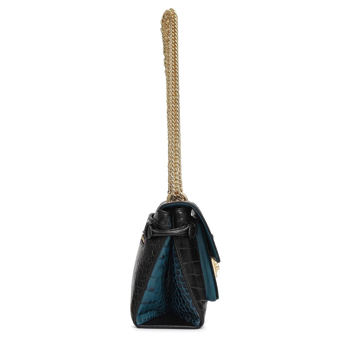 Small Croco Leather Shoulder Bag - Black