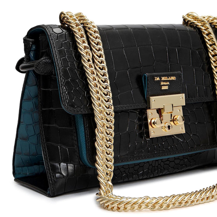 Small Croco Leather Shoulder Bag - Black