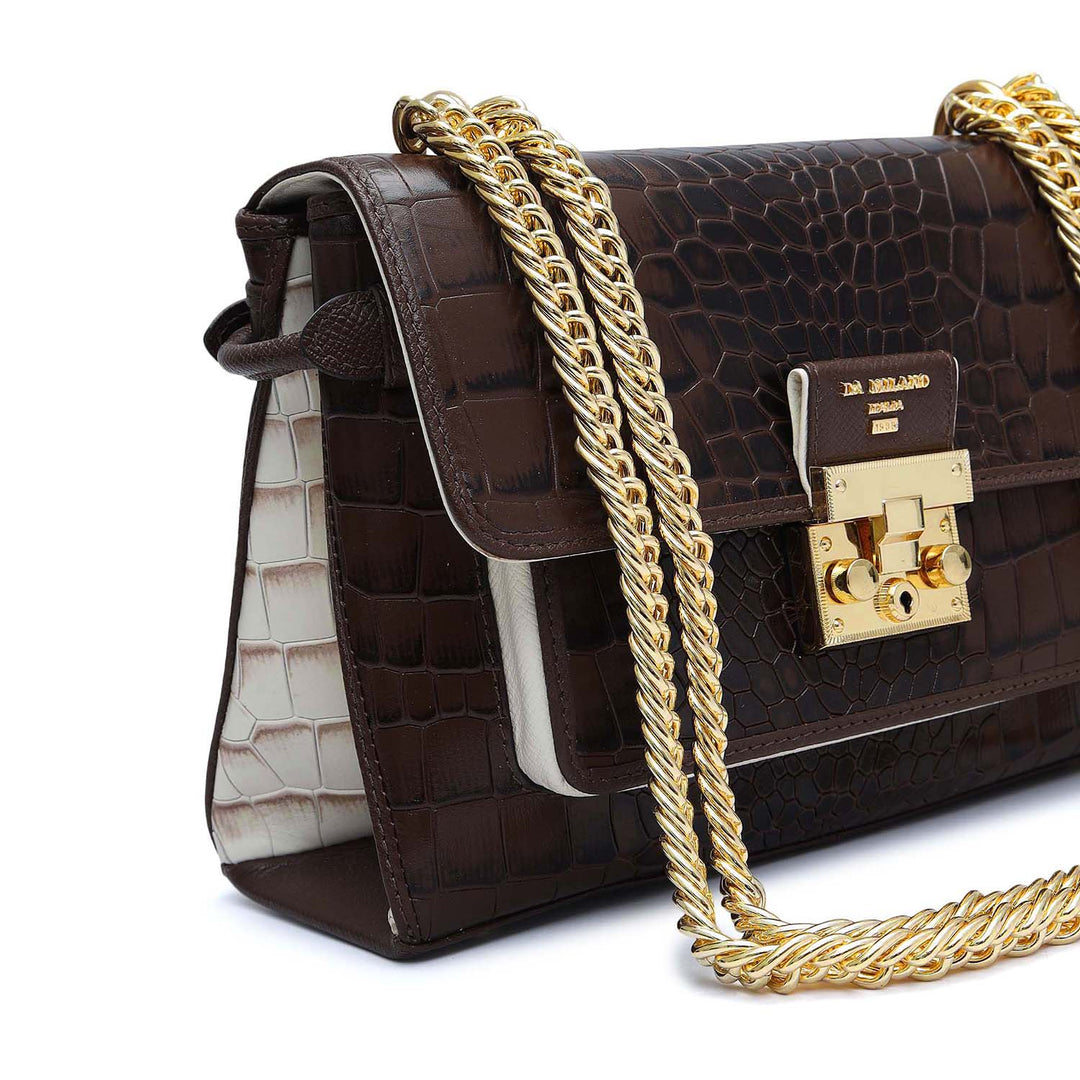 Small Croco Leather Shoulder Bag - Walnut