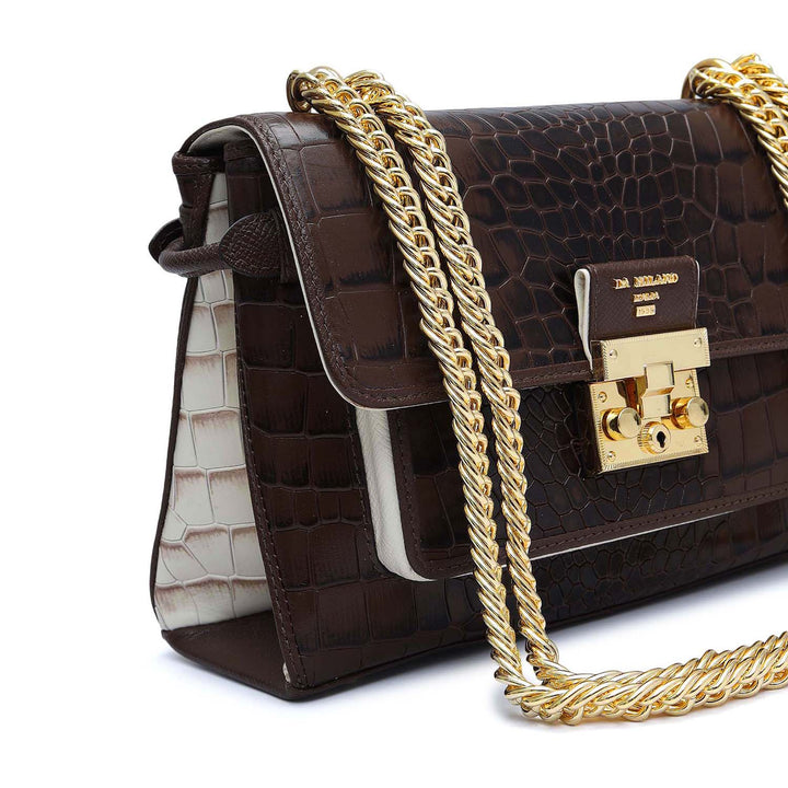 Small Croco Leather Shoulder Bag - Walnut