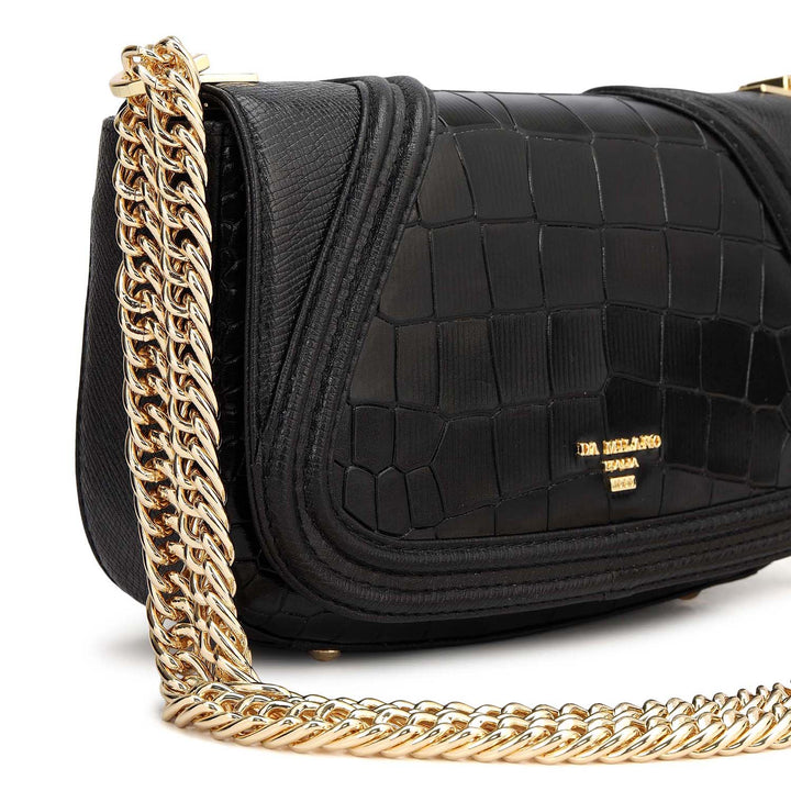 Small Croco Franzy Leather Shoulder Bag - Black