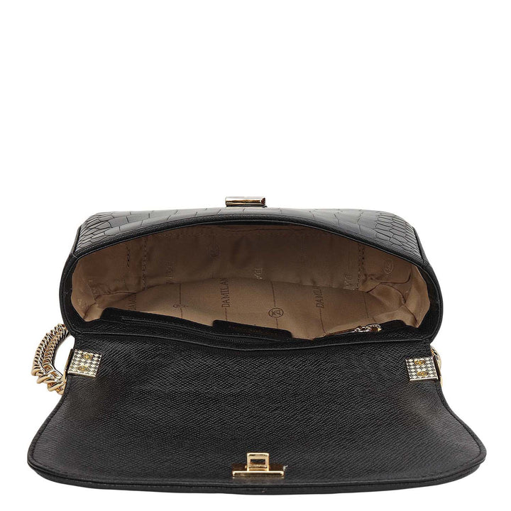 Small Croco Franzy Leather Shoulder Bag - Black