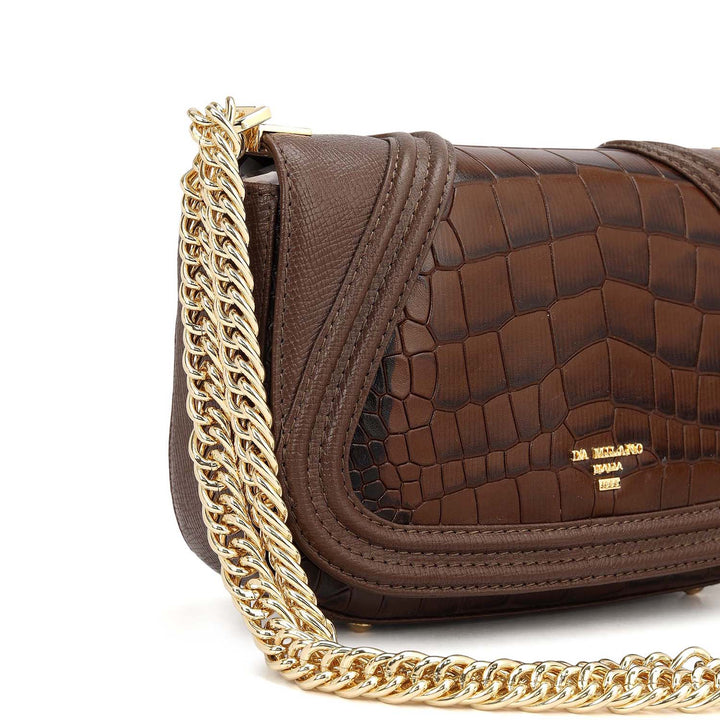 Small Croco Franzy Leather Shoulder Bag - Walnut