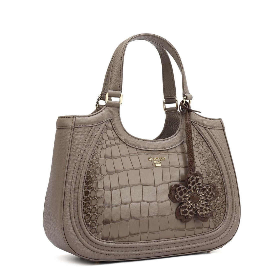 Small Croco Franzy Leather Satchel - Smoke Grey