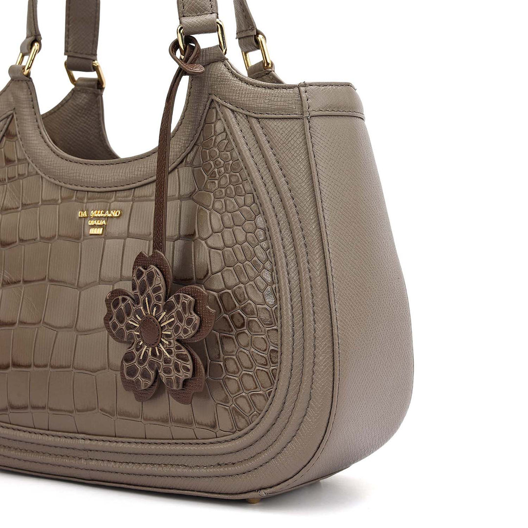 Small Croco Franzy Leather Satchel - Smoke Grey