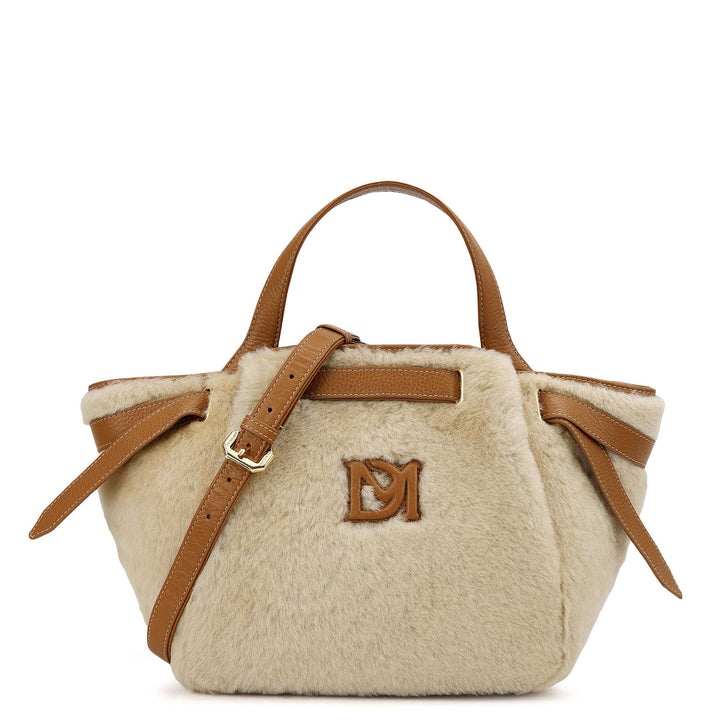 Fur Top Handle Bag - Beige & Cognac