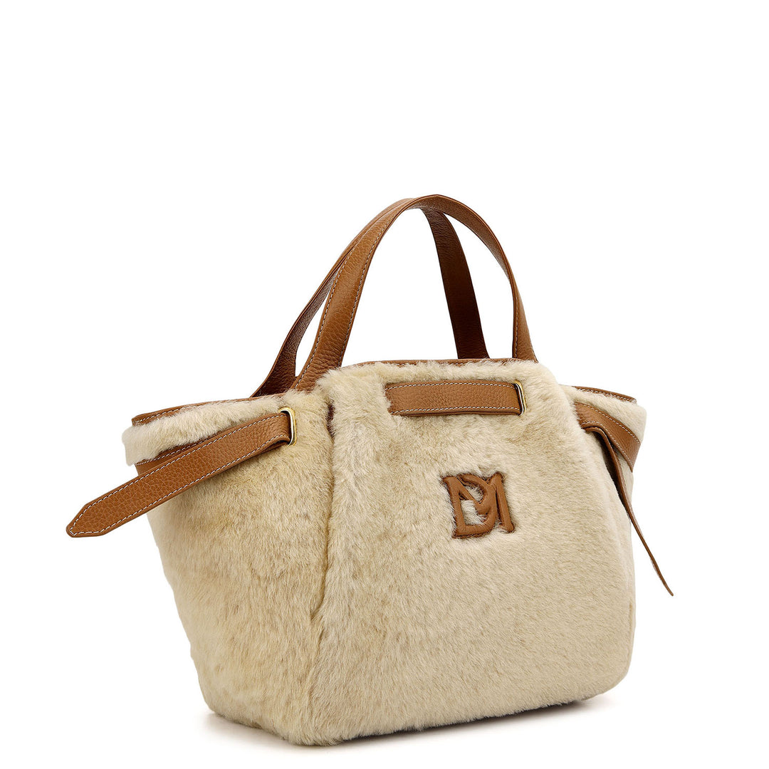 Fur Top Handle Bag - Beige & Cognac