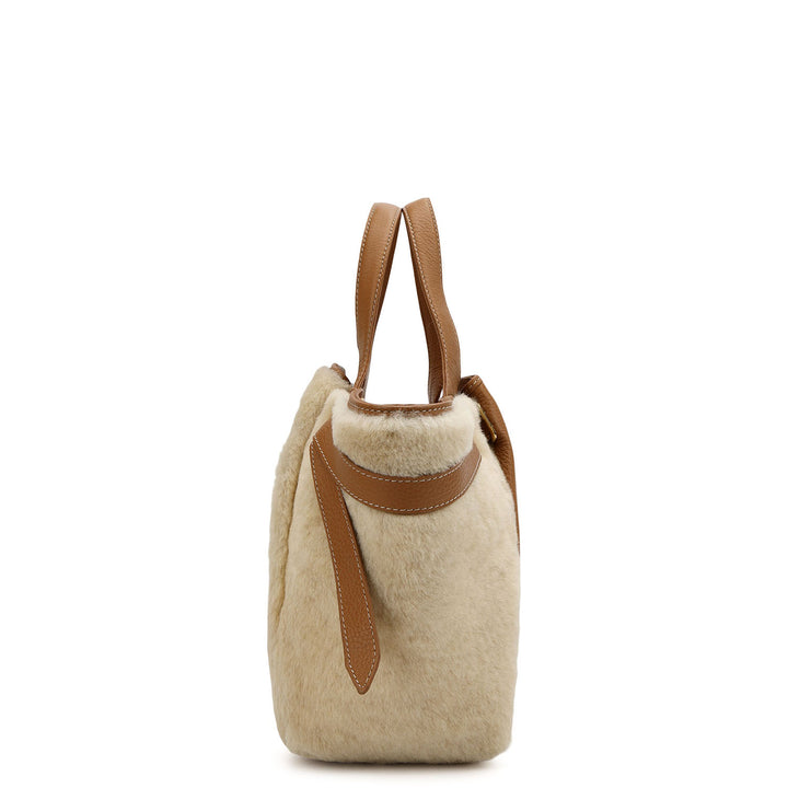 Fur Top Handle Bag - Beige & Cognac