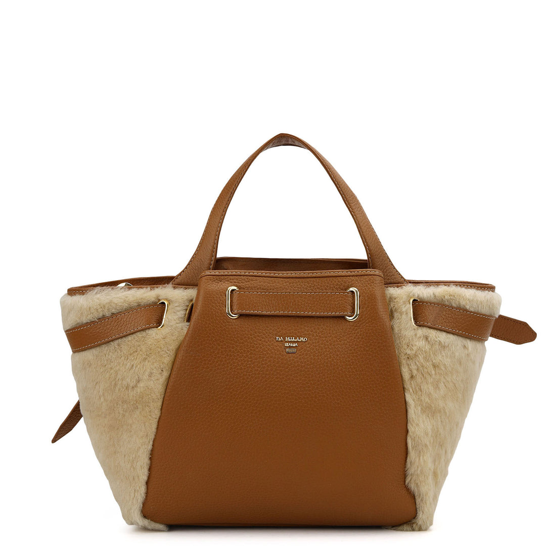 Fur Top Handle Bag - Beige & Cognac