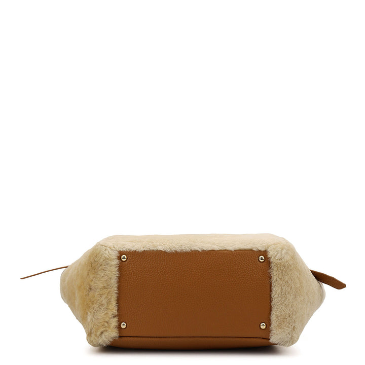 Fur Top Handle Bag - Beige & Cognac