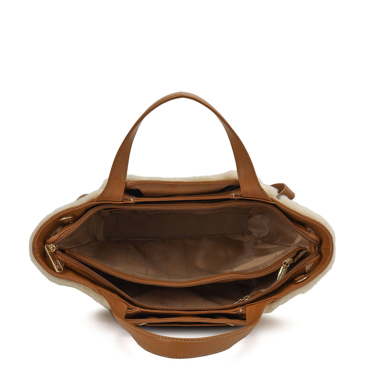 Fur Top Handle Bag - Beige & Cognac