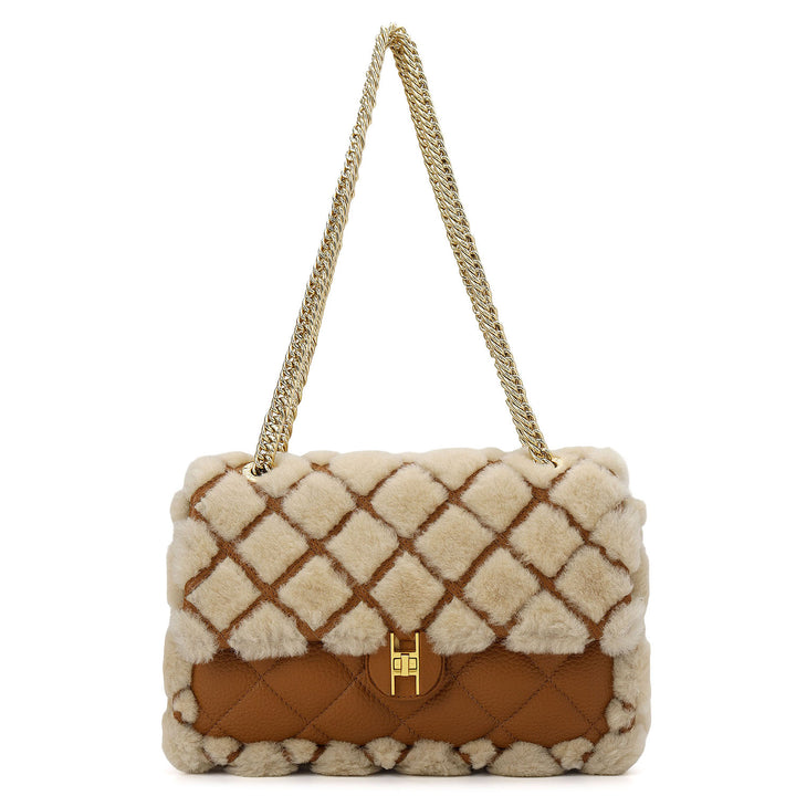Fur Double Chain Bag - Beige & Cognac