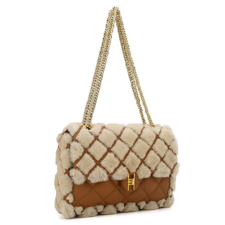 Fur Double Chain Bag - Beige & Cognac