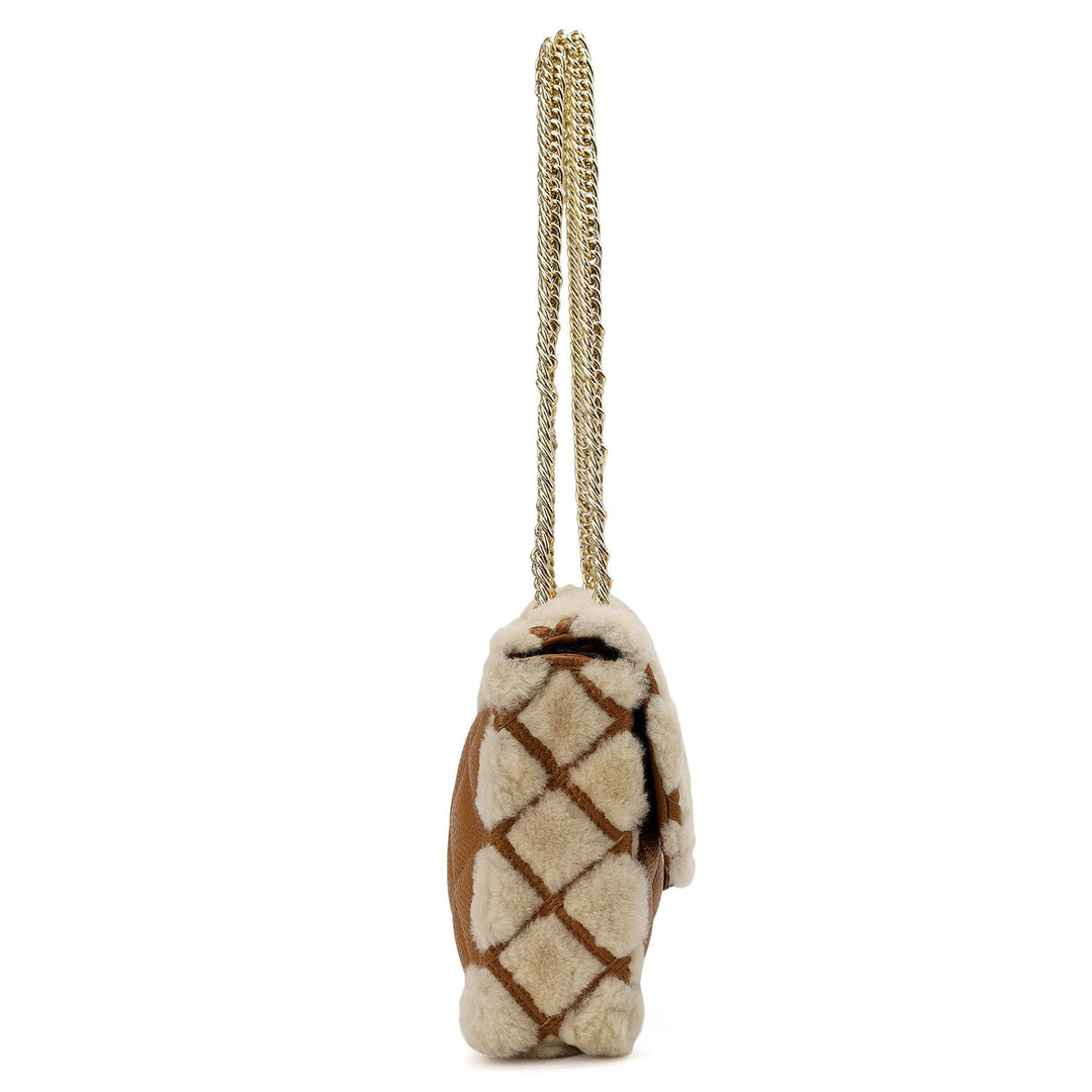 Fur Double Chain Bag - Beige & Cognac