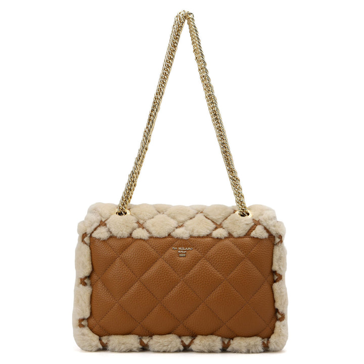 Fur Double Chain Bag - Beige & Cognac