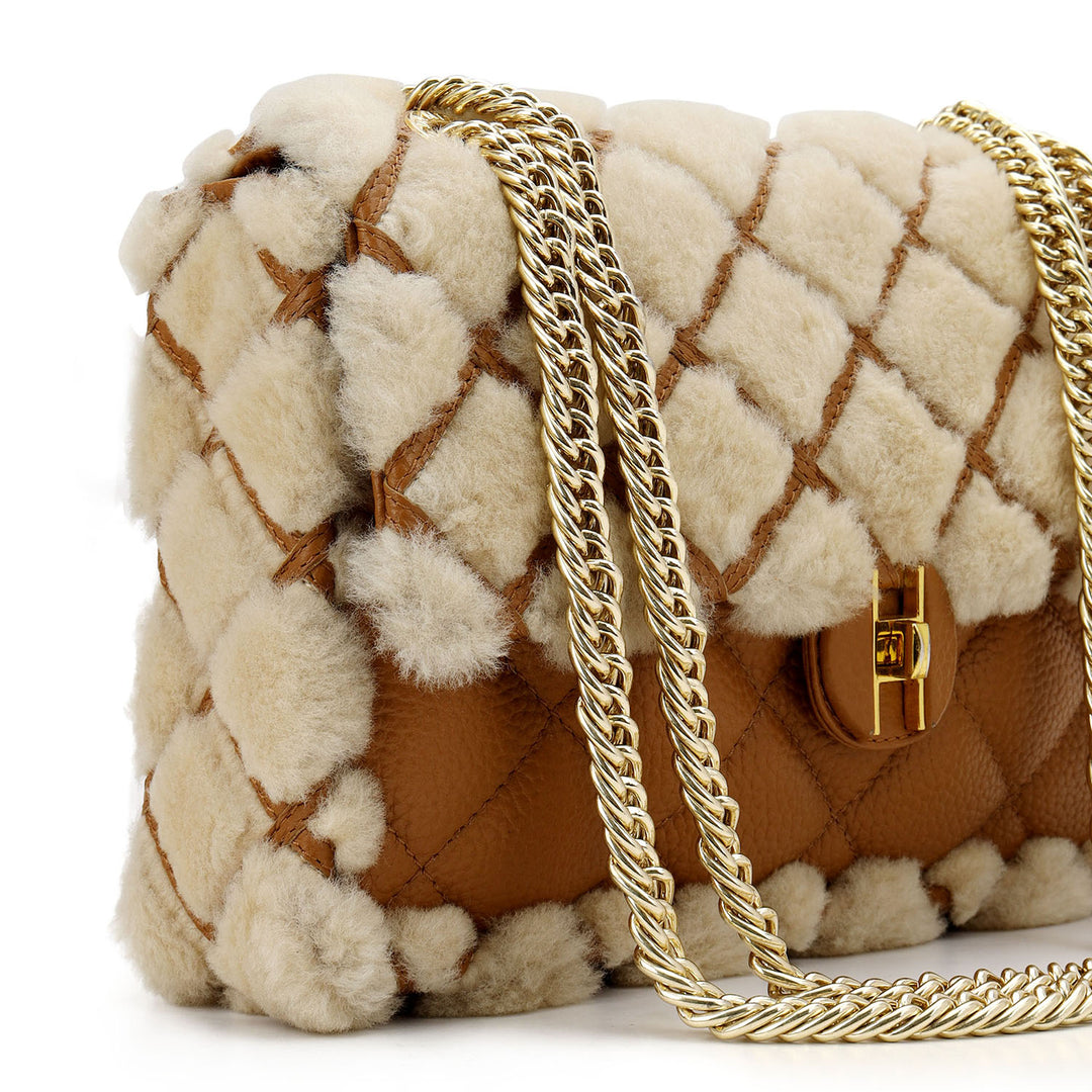Fur Double Chain Bag - Beige & Cognac