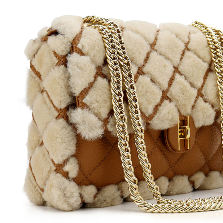 Fur Double Chain Bag - Beige & Cognac