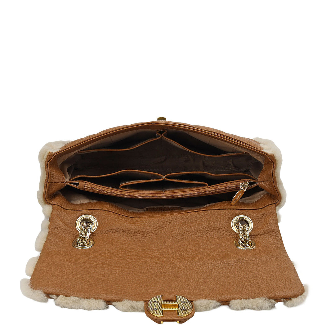 Fur Double Chain Bag - Beige & Cognac