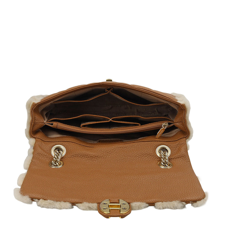 Fur Double Chain Bag - Beige & Cognac