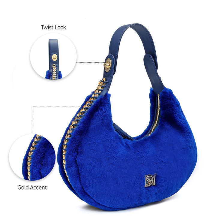 Medium Fur Leather Hobo - Ink Blue