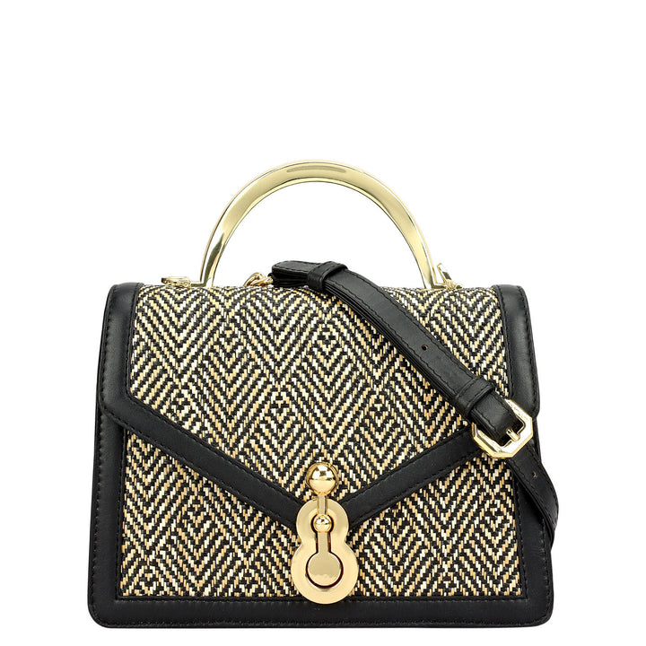 Small Canvas Plain Leather Satchel - Beige & Black