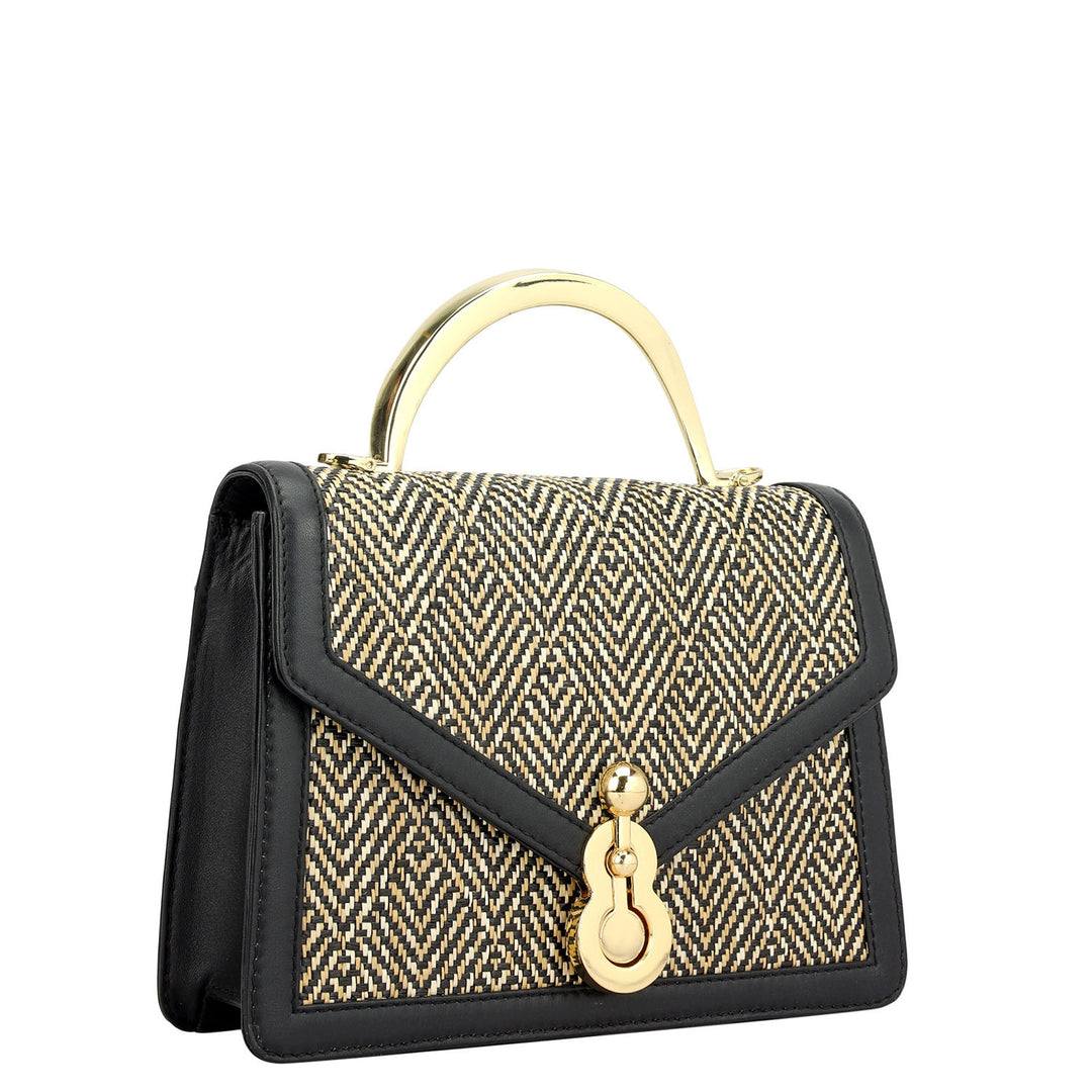 Small Canvas Plain Leather Satchel - Beige & Black